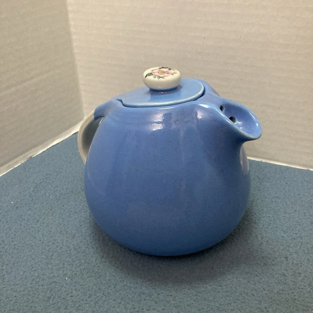 Vintage Hall's Blue Rose Parade Teapot with Floral Details circa 1940-45 USA